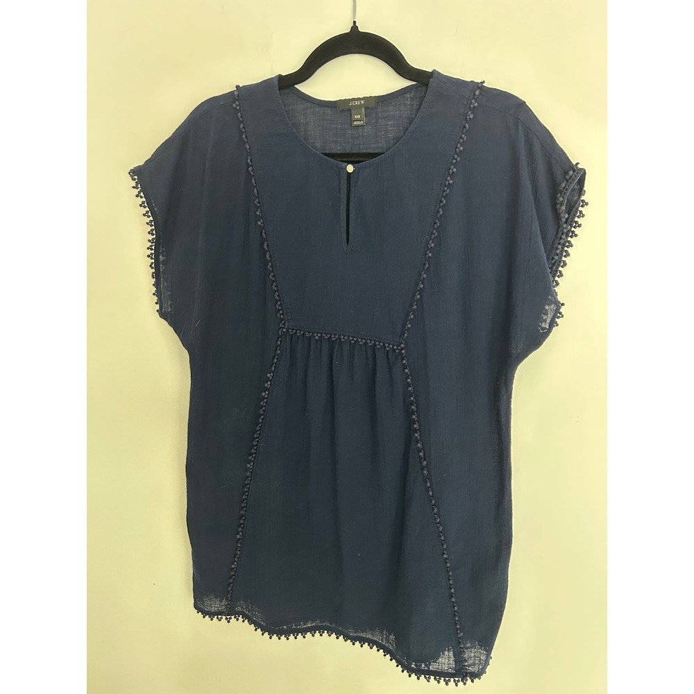 J.Crew Navy Blue Cotton Gauze Pom Pom Trim Keyhole Top XXS A2120 - Picture 8 of 10